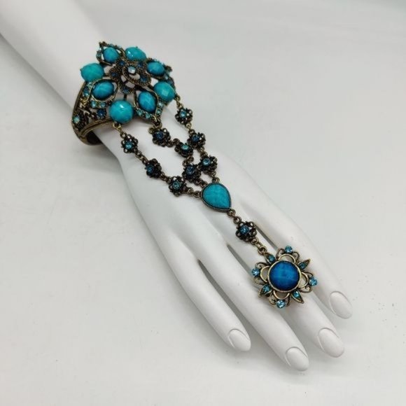 Ring Slave Bracelet Combo Hand Chain Silver Turquoise Adjustable Spring Cuff - Picture 1 of 8